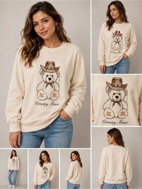 Zoe + Liv Women’s Cream Country Music Bear Crewneck Fleece Sweatshirt Size M